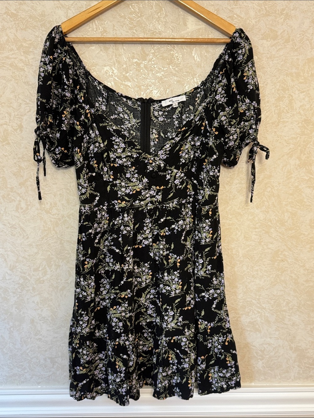 Black Floral Mini Dress with Puff Sleeves - Edit by Nine